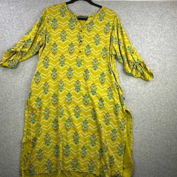 Avaasa Tops - Avaasa Yellow Floral Chevron Kurti Tunic Dress XXL Lagenlook Roll Sleeve Boho